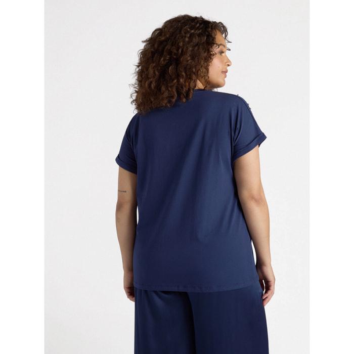 Fiorella Rubino - Camiseta con pedrería y escritura. - Azul