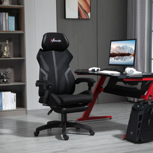 Vinsetto Silla Gaming con Reposapiés Retráctil Silla de Oficina Giratoria Reclinable con Reposacabezas y Altura Ajustable 65x65x119-129 cm Negro