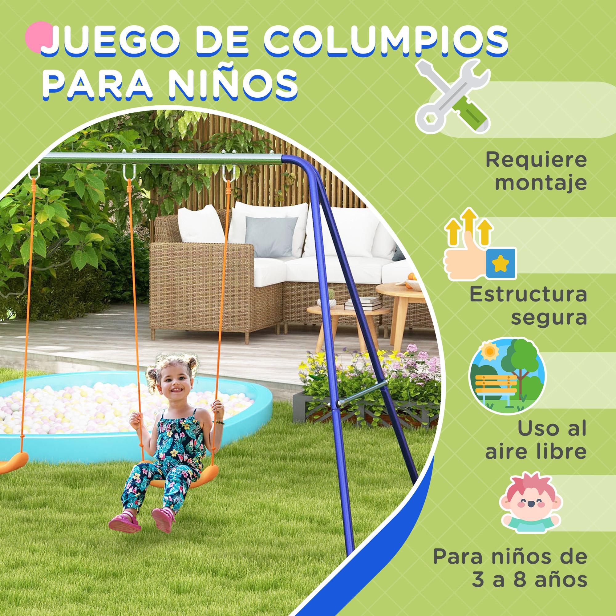 Columpio Infantil Columpio para Niños de 3-8 Años con 2 Sillas Resistente a los Rayos UV y Soporte de Metal Carga 90 kg para Patio Jardín Multicolor