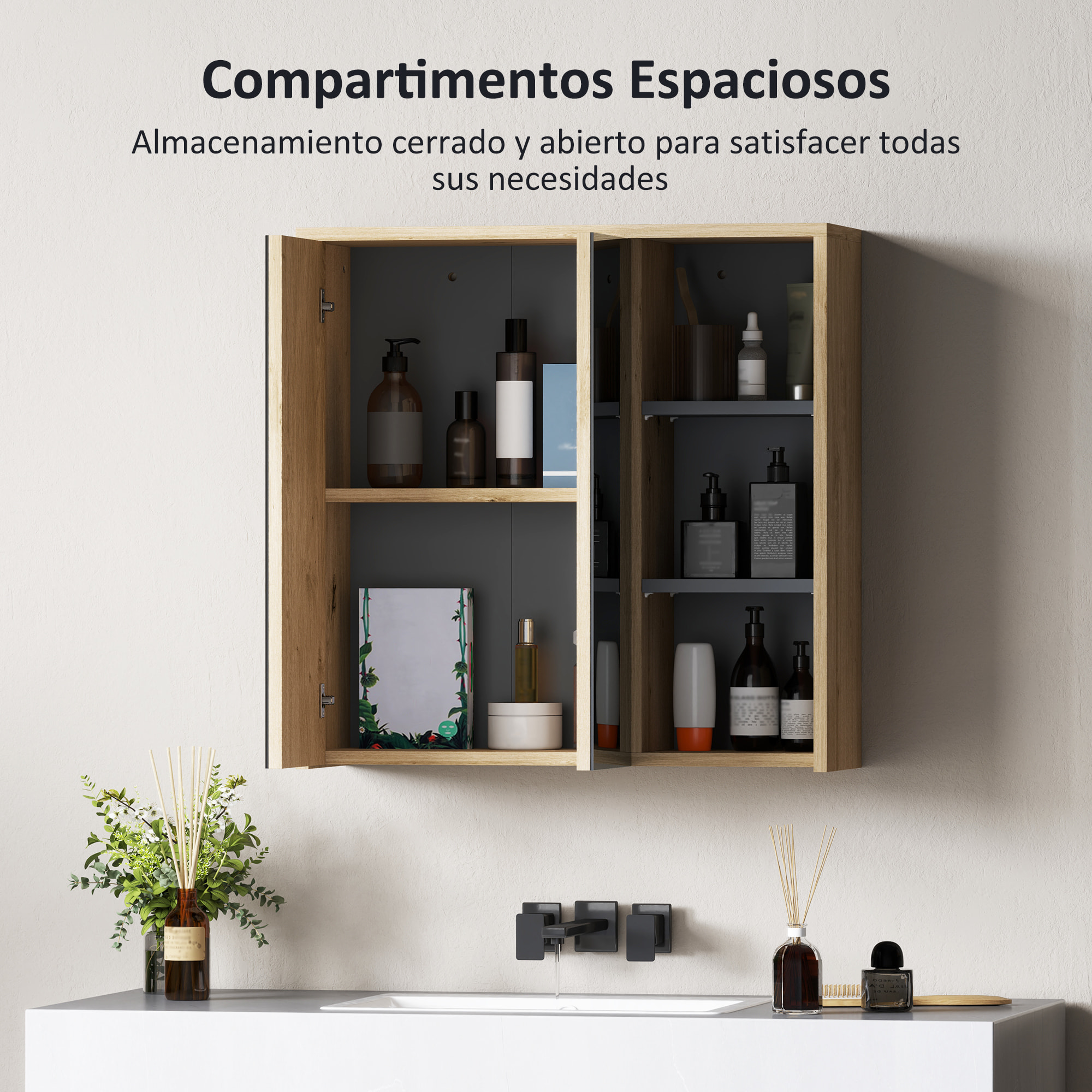 Armario de Baño con Espejo Armario con Espejo para Baño con Estantes Estilo Moderno 60x20x60 cm Madera Natural