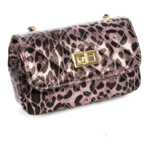 Amaro borsa a tracolla donna. Pelle autentica Camoscio trapuntato, stampa animale leopardata, laccato lucido.
