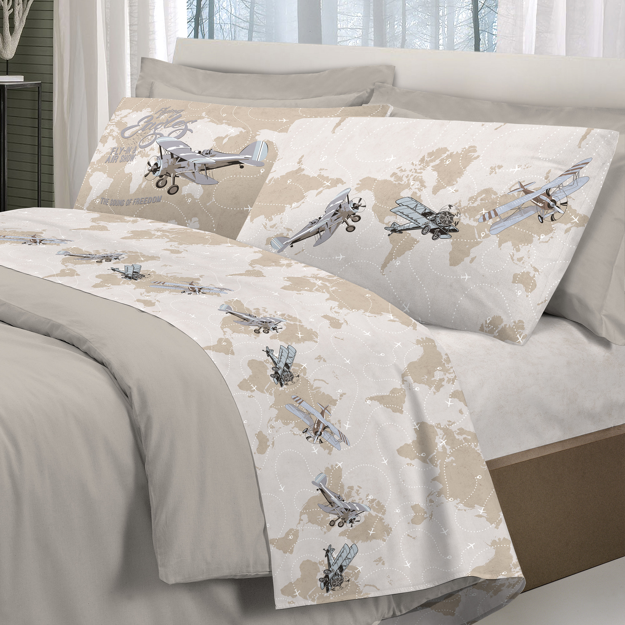 Completo letto aerei beige 100% cotone