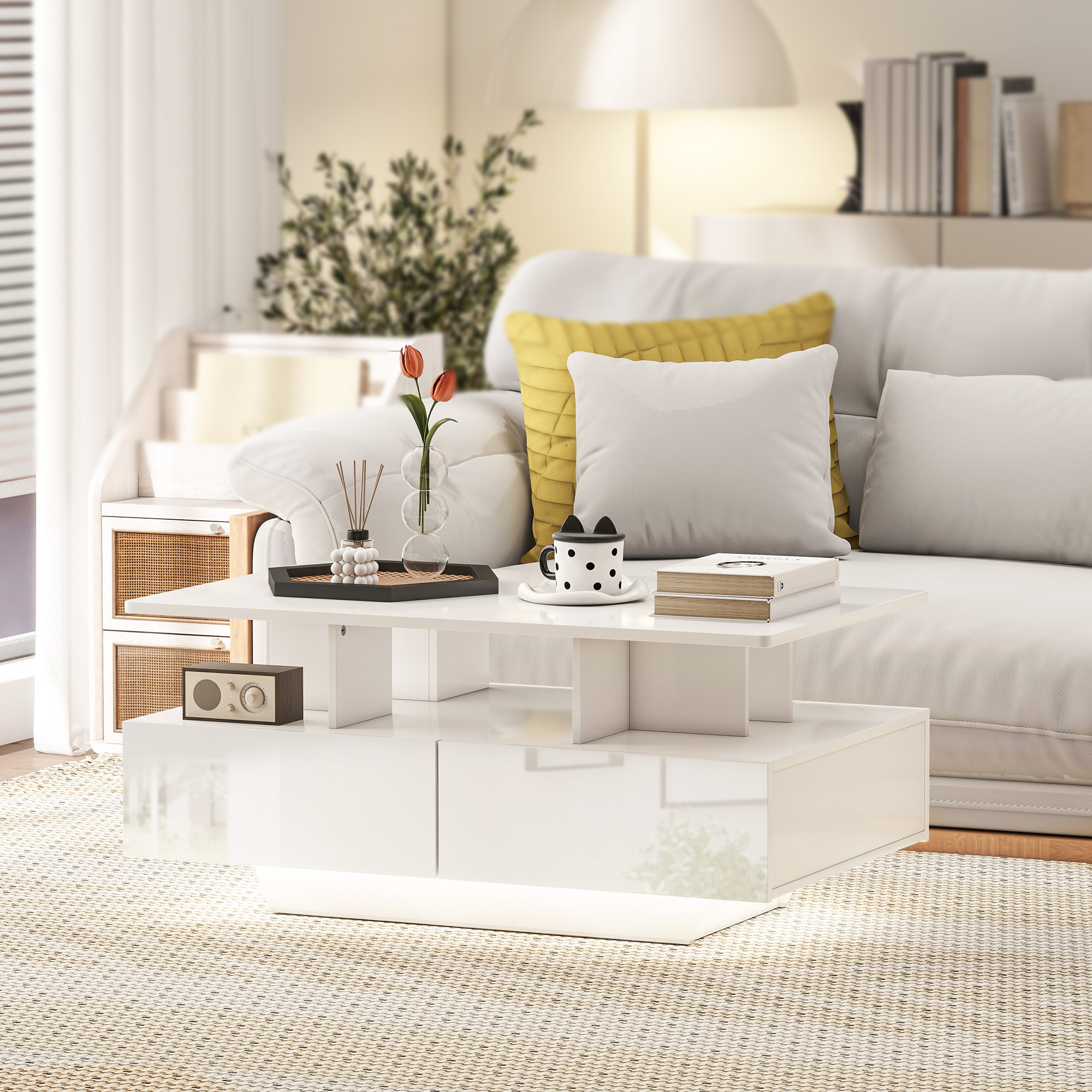 Mesa de Centro LED Moderna Mesa de Café Brillante con 4 Cajones Estante Abierto y Luces LED de 16 Colores para Salón 90x55x41 cm Blanco Brillo