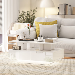 Mesa de Centro LED Moderna Mesa de Café Brillante con 4 Cajones Estante Abierto y Luces LED de 16 Colores para Salón 90x55x41 cm Blanco Brillo