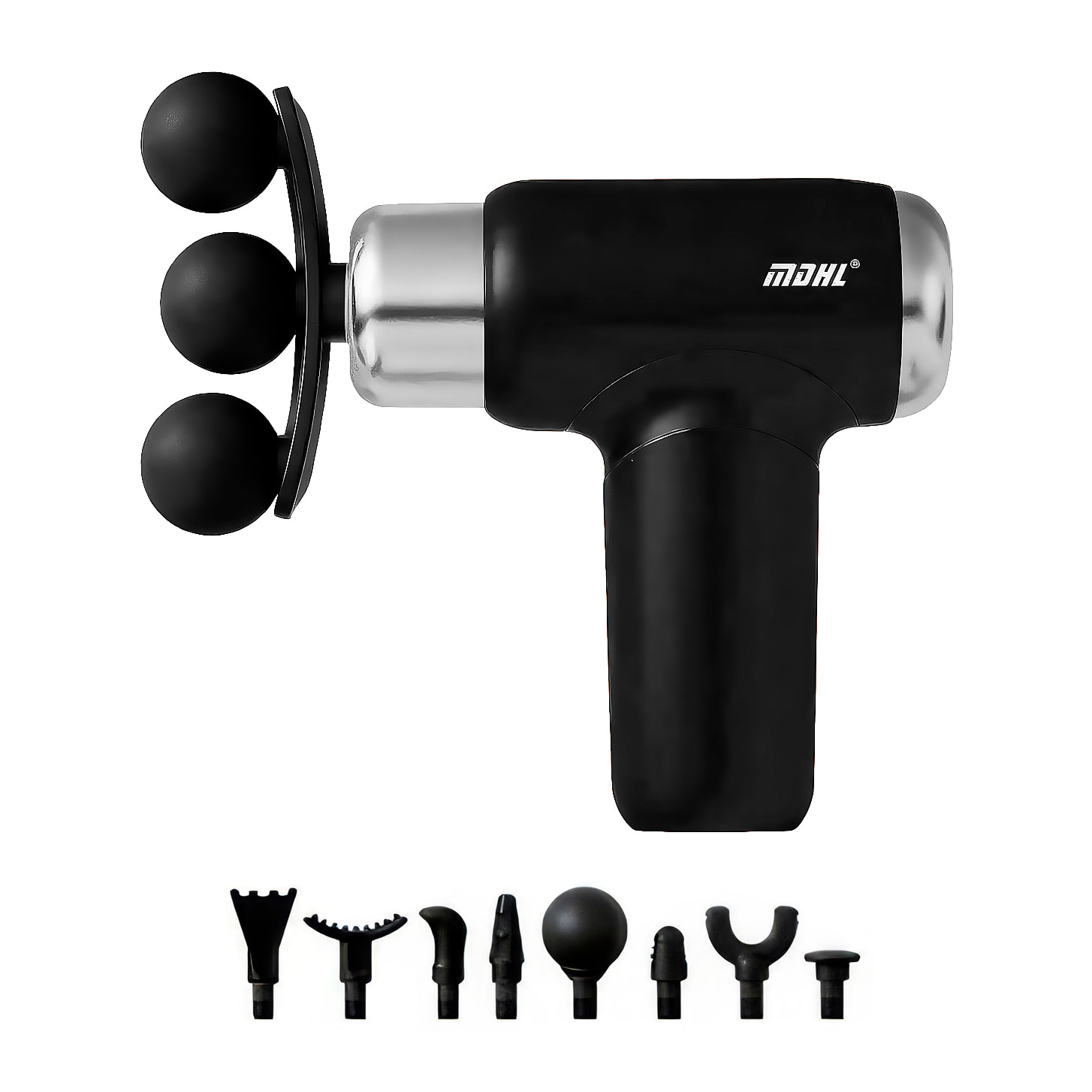 Pistola de masaje fascia MD-XY-12 con 6 velocidades, batería de 1200 mAh. Incluye 9 cabezales intercambiables.