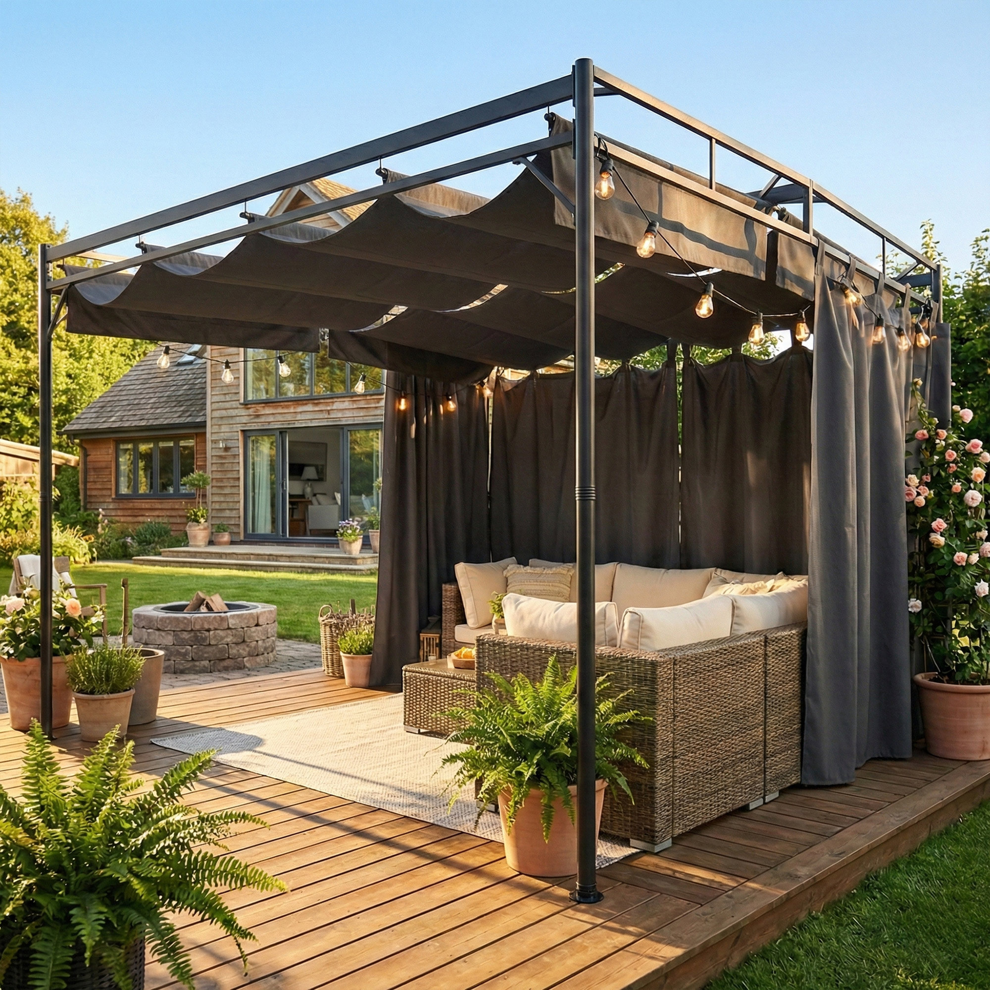 Pergola de jardin toit rétractable rideaux métal gris anthracite