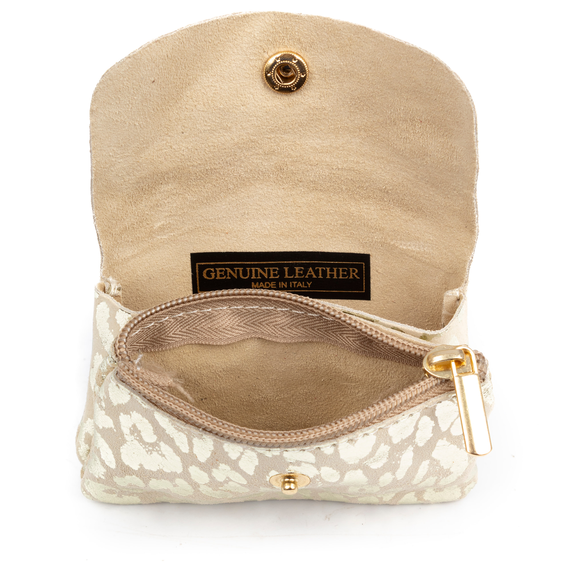 Alpignano monedero mujer. Piel auténtica Gamuza, diseño animal print leopardo, lacada brillante.