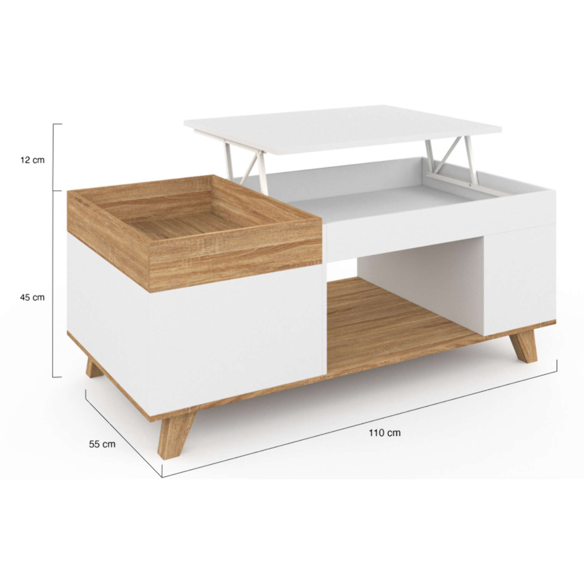Table basse Stella relevable et double coffre bois et blanc