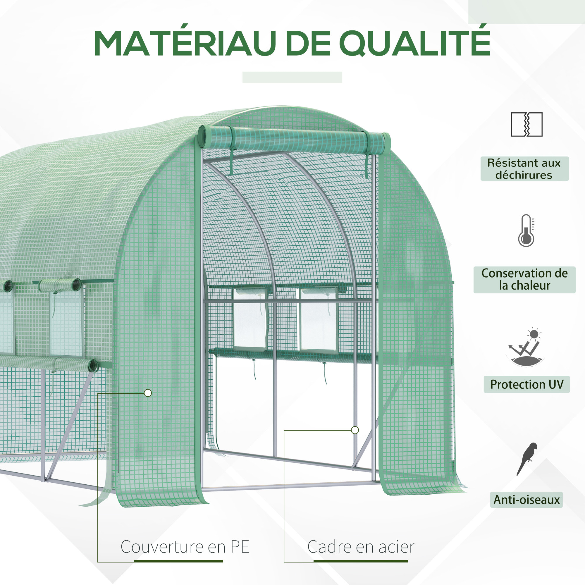 Serre de jardin tunnel 6 m² 6 fenêtres porte zippée acier galvanisé PE vert