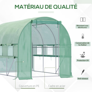 Serre de jardin tunnel 6 m² 6 fenêtres porte zippée acier galvanisé PE vert