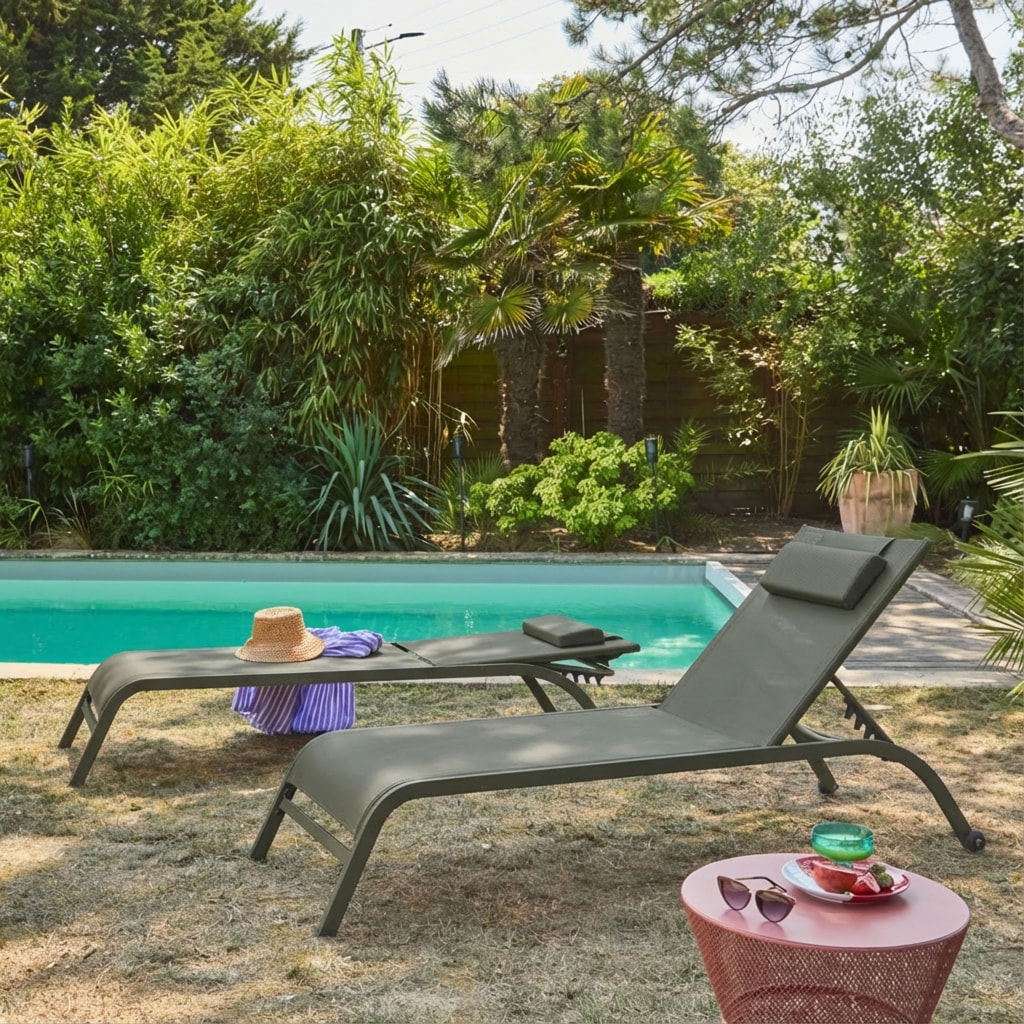 Bain de soleil acier multi positions avec coussin et roulettes (lot de 2) ONA