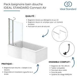 Pack baignoire bain douche 150 x 80 cm droite Connect Air + tablier + pare bain avec volet  + pieds + vidage Noir
