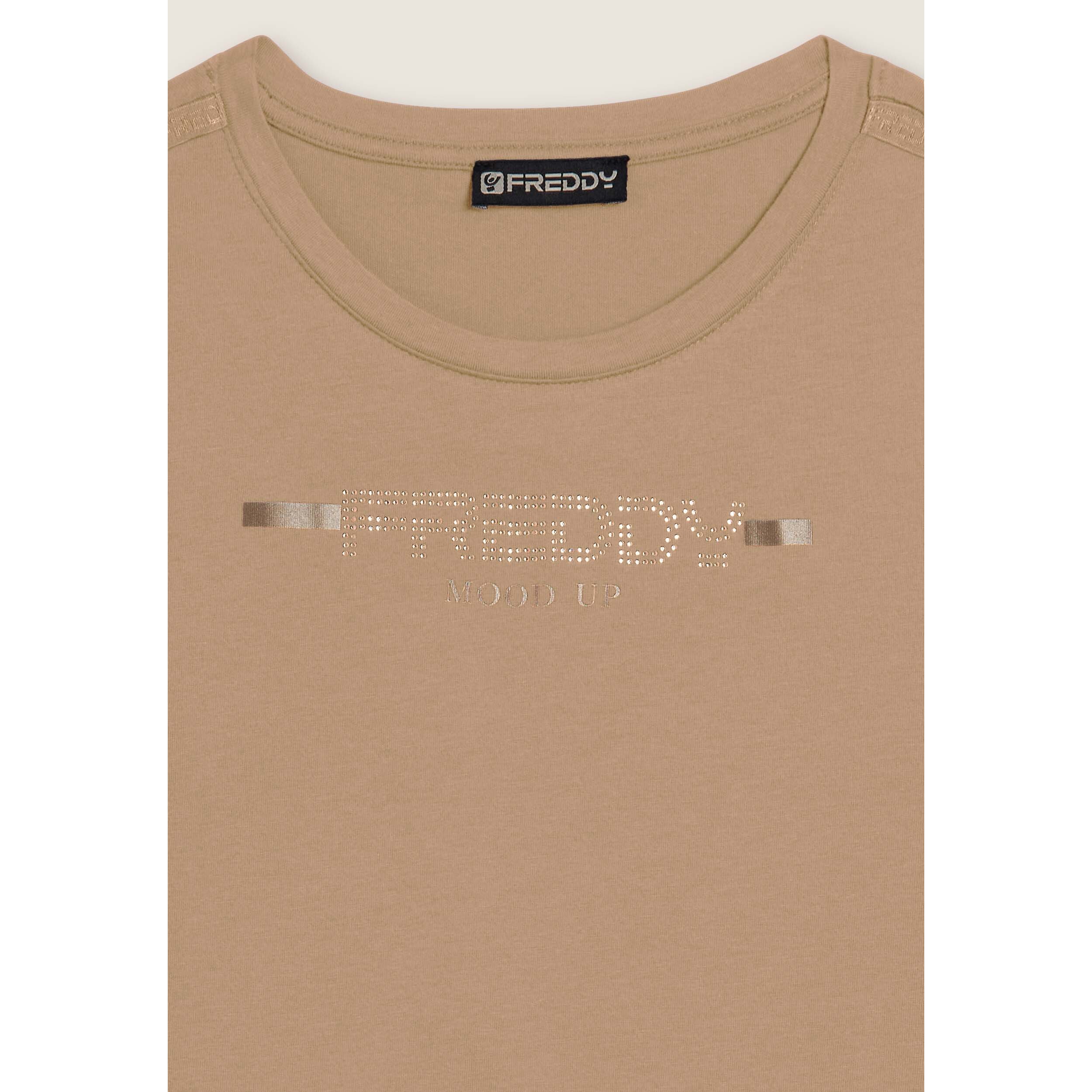 T-shirt da donna con strass e banda logata sulle spalle