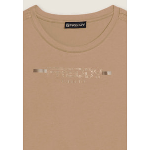 T-shirt da donna con strass e banda logata sulle spalle