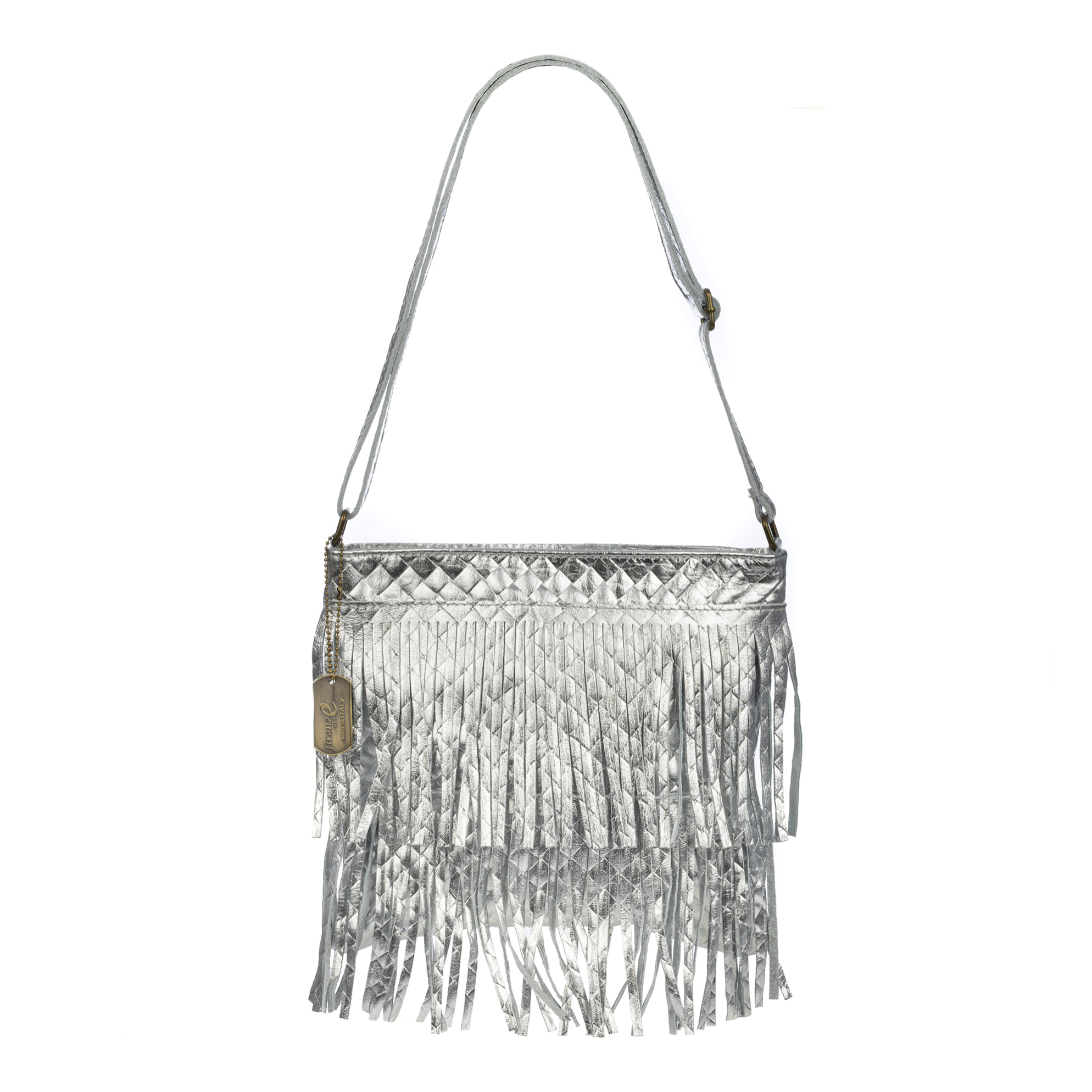 Avise borsa a tracolla con frange donna. Vera pelle scamosciata lucida.