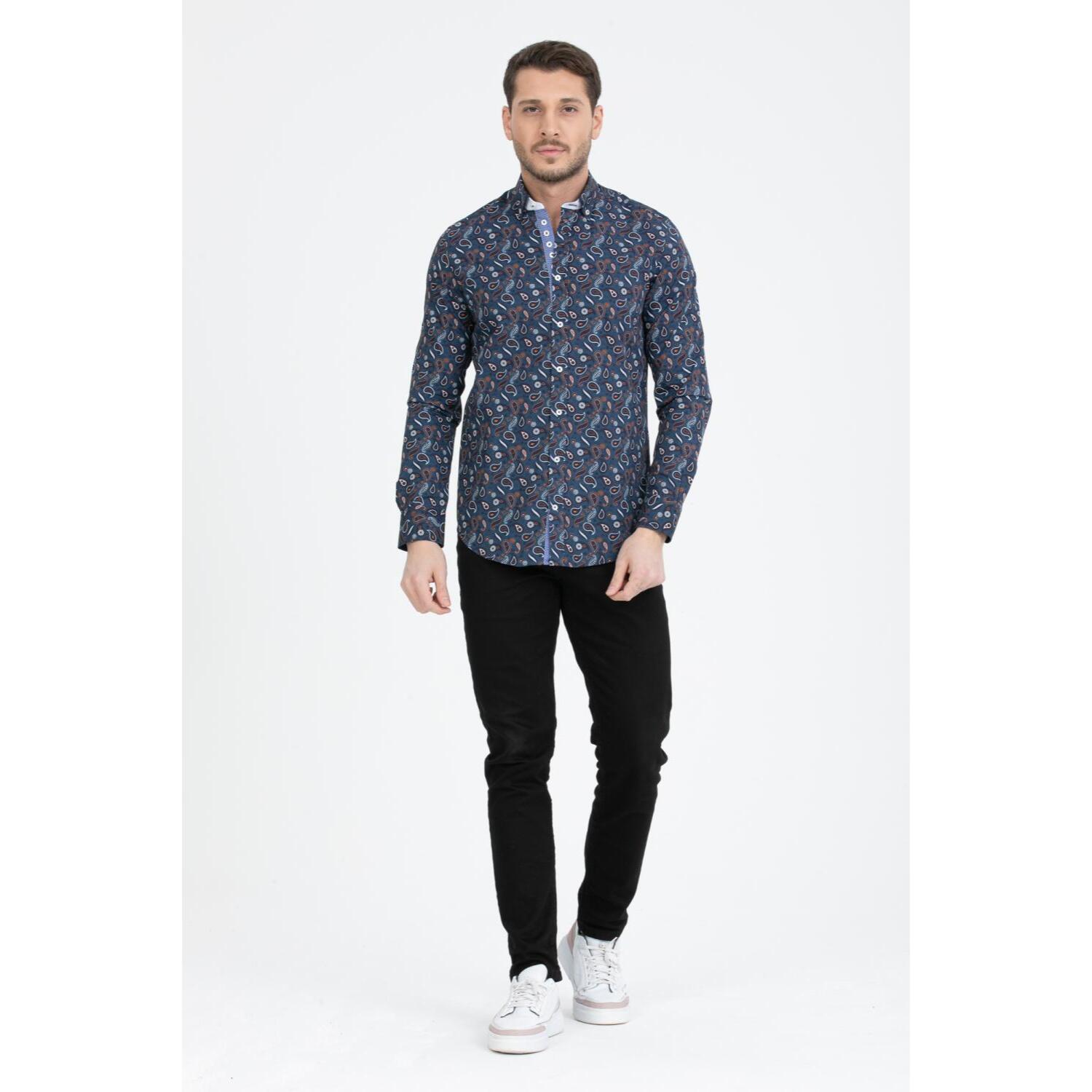 Camicia Uomo 1 Bottoni Button Down Slim Popeline Fantasia Blu/Celeste