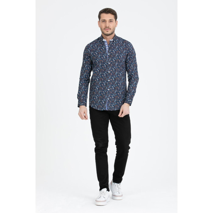 Camicia Uomo 1 Bottoni Button Down Slim Popeline Fantasia Blu/Celeste