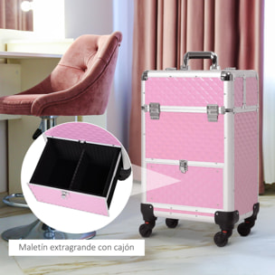 Maleta de Maquillaje Profesional con Cajón Maletín de Maquillaje con Ruedas para Viaje Trabajo 34x25x62 cm Rosa