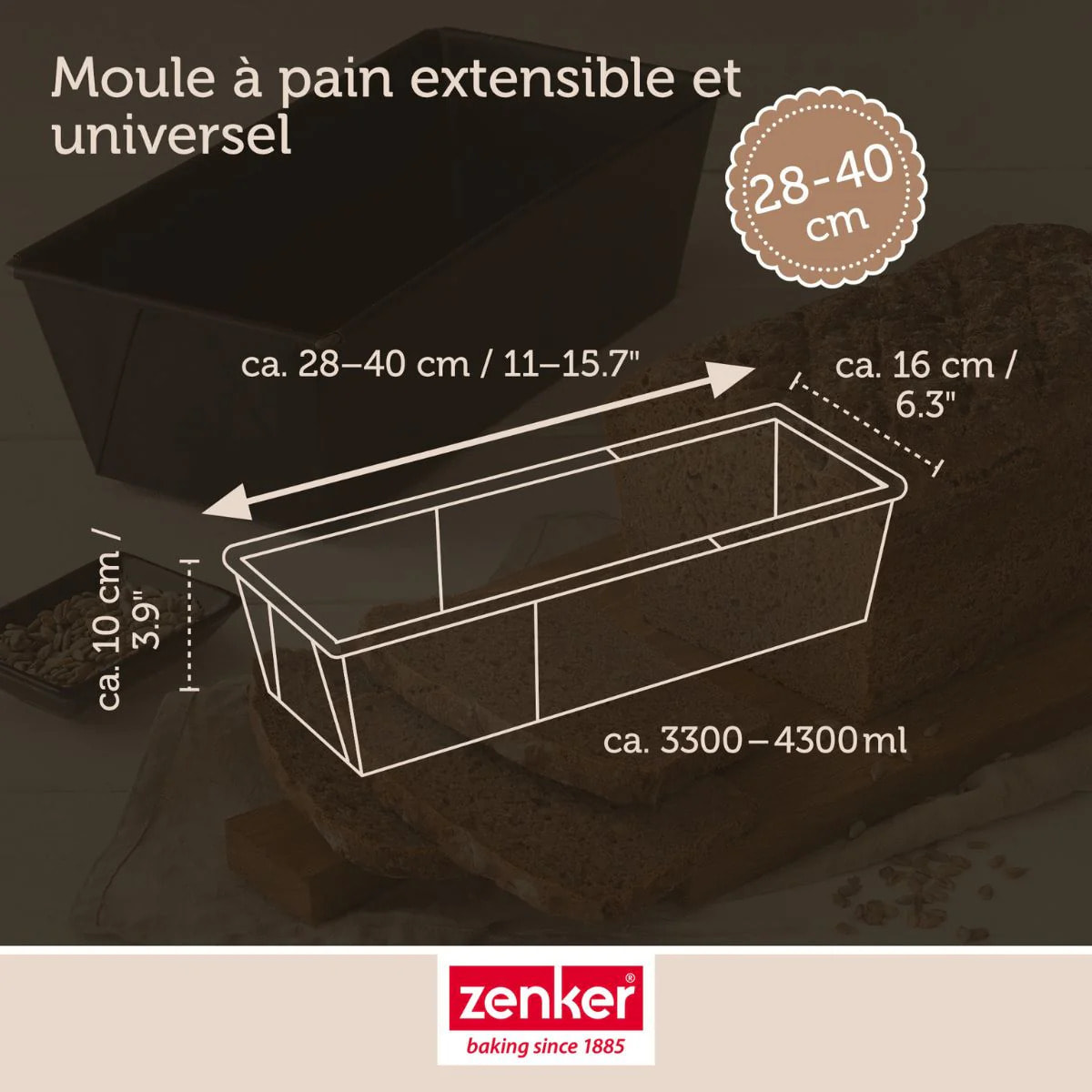 Lot avec 1 moule à cake de 28 à 40 cm, 1 spatule Zenker et 2 bols à mixer en inox Fackelmann