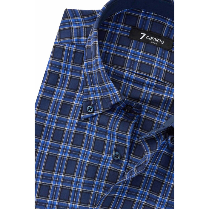 Camicia Uomo 2 Bottoni Button Down Slim Twill Quadro Grande Blu e Melanzana