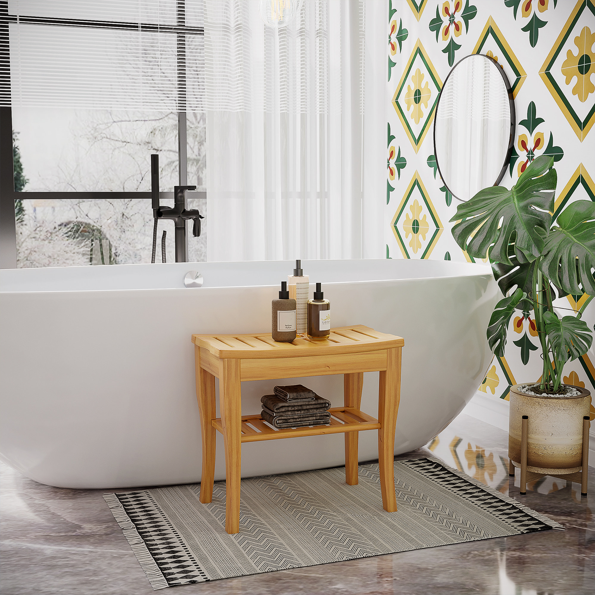 Taburete de Baño de Bambú con Estante de Almacenamiento Banco de Baño Antideslizante Impermeable y Robusta Taburete de Ducha para Hogar Salón Dormitorio SPA 47,5x26x44,5 cm Natural