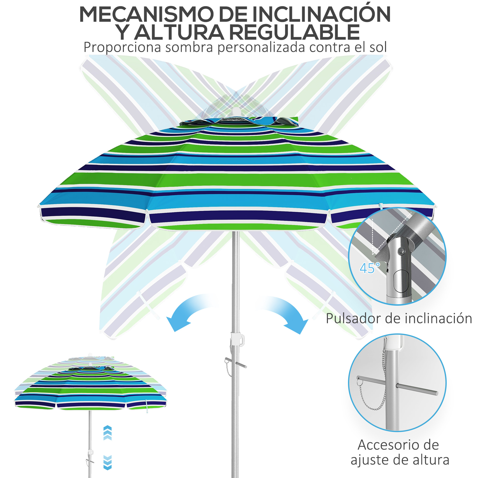 Sombrilla de Playa Ø178x205 cm Parasol para Terraza con Reclinación 45° Altura Ajustable Apertura Manual Anti-UV Impermeable y Bolsa de Transporte para Jardín Piscina Multicolor
