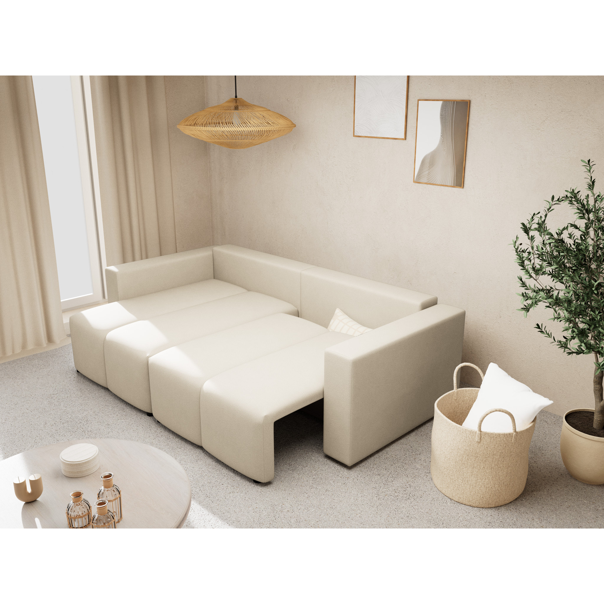 Daryl - canapé d'angle réversible 4 places convertible avec coffre en tissu texturé - Beige