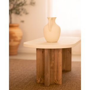 Table basse en microciment de couleur blanc cassé avec des pieds en bois de chêne foncé de 120x50cm Hauteur: 40 Longueur: 120 Largeur: 50