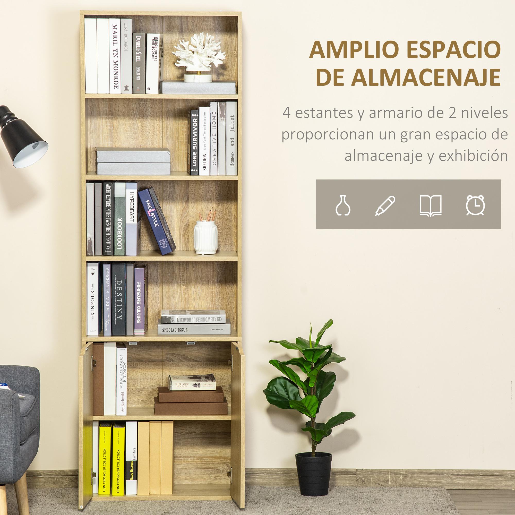 HOMCOM Estantería Librería con 4 Compartimentos Abiertos y 1 Armario con 2 Estantes Almacenaje Libros Plantas para Salón Estudio 59x29x180 cm Madera Natural