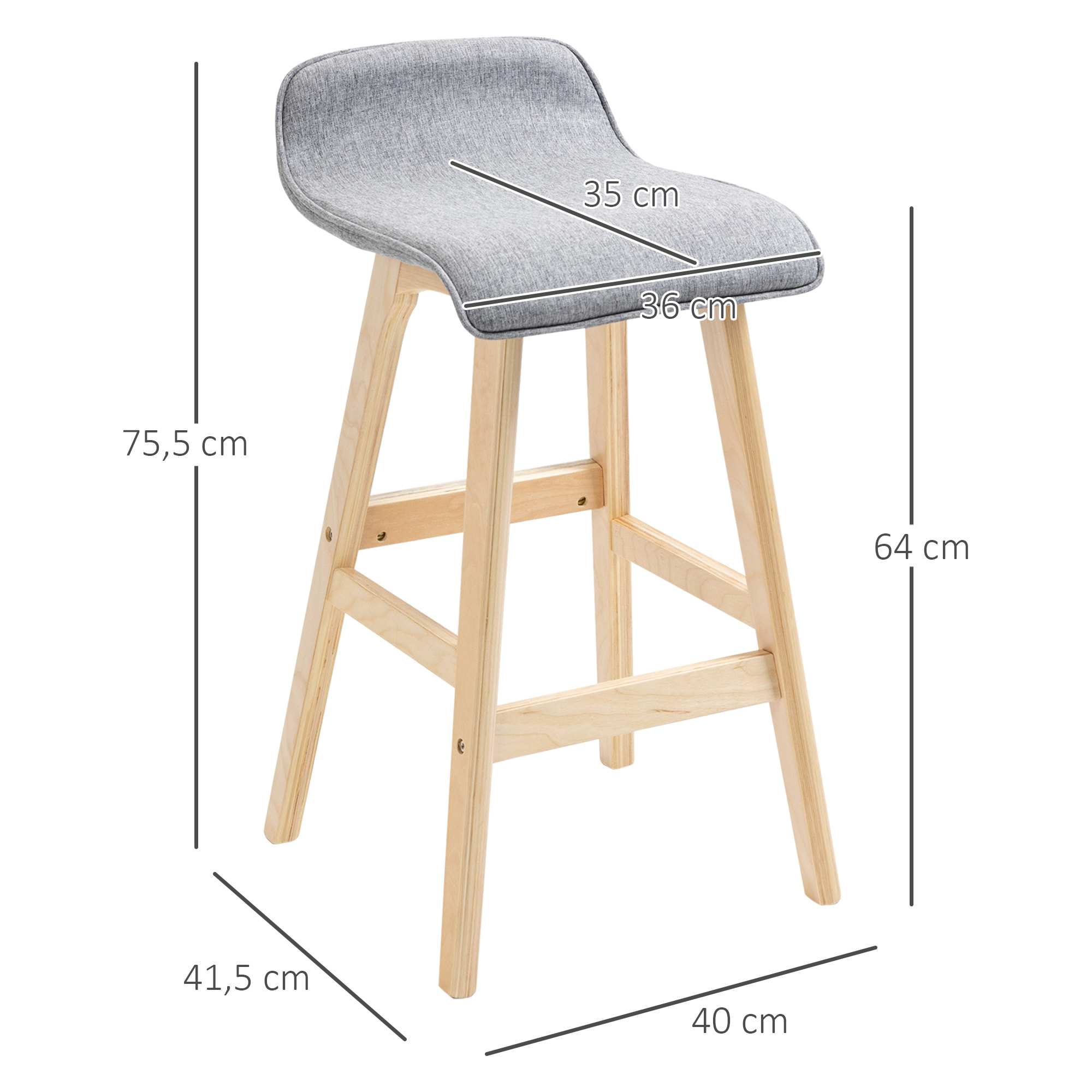 Tabourets de bar style scandinave - lot de 2 tabourets de bar avec repose-pieds - bois de sapin tissu polyester aspect lin gris