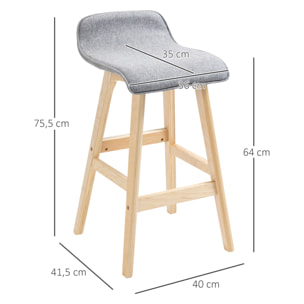 Tabourets de bar style scandinave - lot de 2 tabourets de bar avec repose-pieds - bois de sapin tissu polyester aspect lin gris