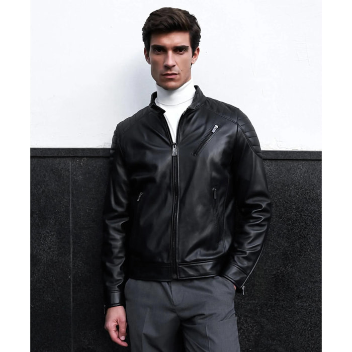 Giacca moto in pelle nera biker trapuntato spalle effetto liscio