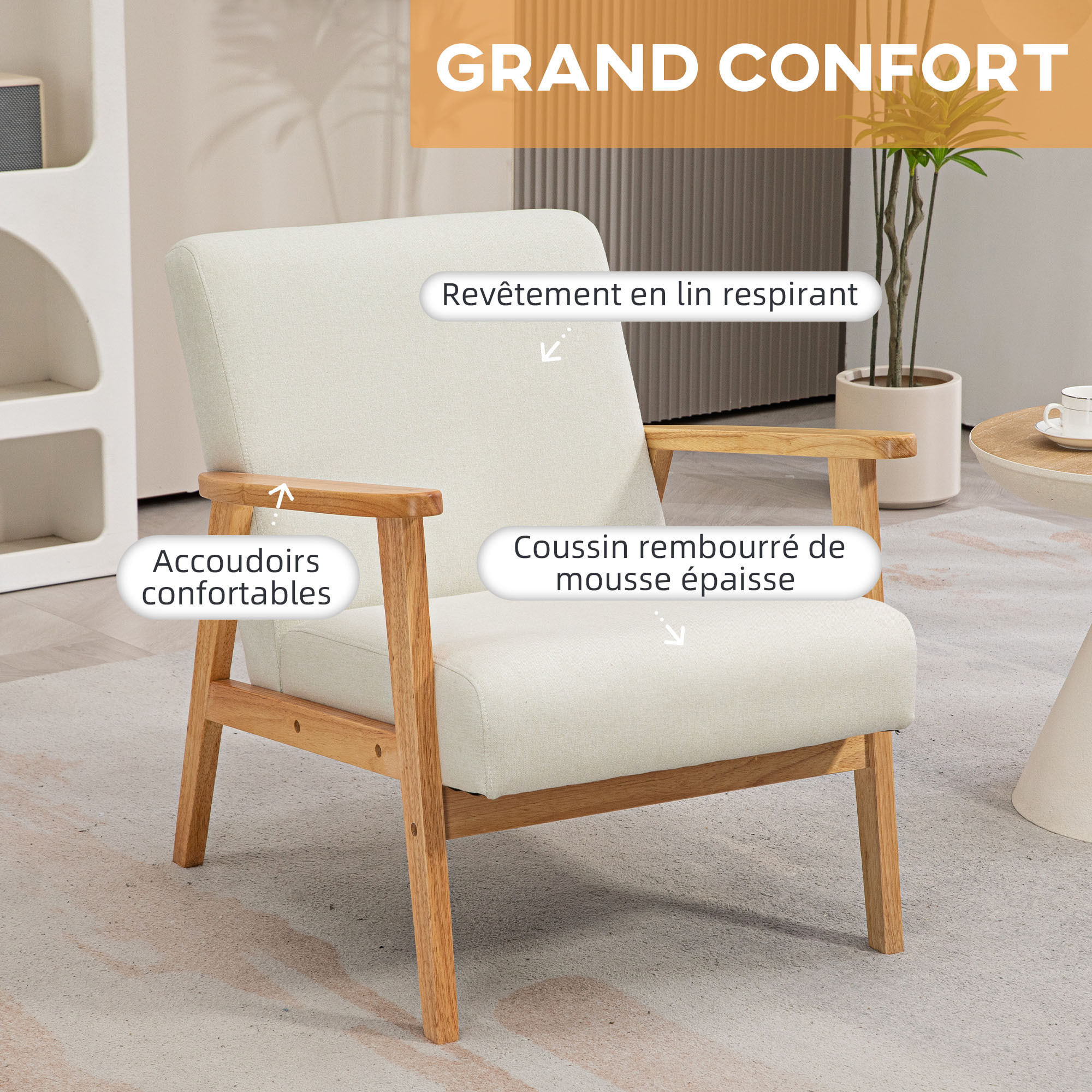 Fauteuil lounge style néo-rétro assise dossier ergonomique accoudoirs structure bois hévéa revêtement lin gris foncé