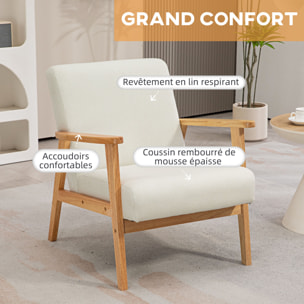 Fauteuil lounge style néo-rétro assise dossier ergonomique accoudoirs structure bois hévéa revêtement lin gris foncé