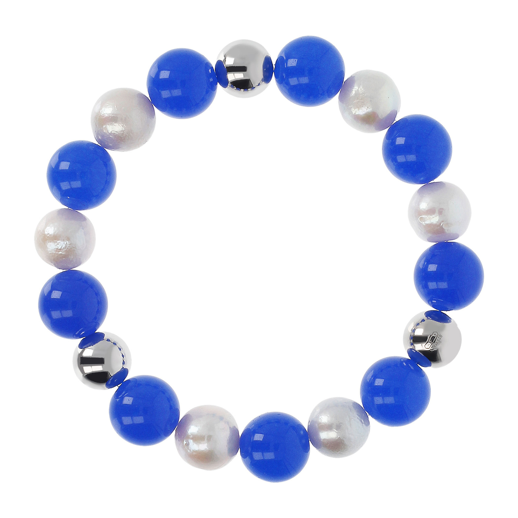 Bracciale Elastico con Sfere, Quarzo Blu e Perle d'Acqua Dolce Bianche Ø 9/10 mm