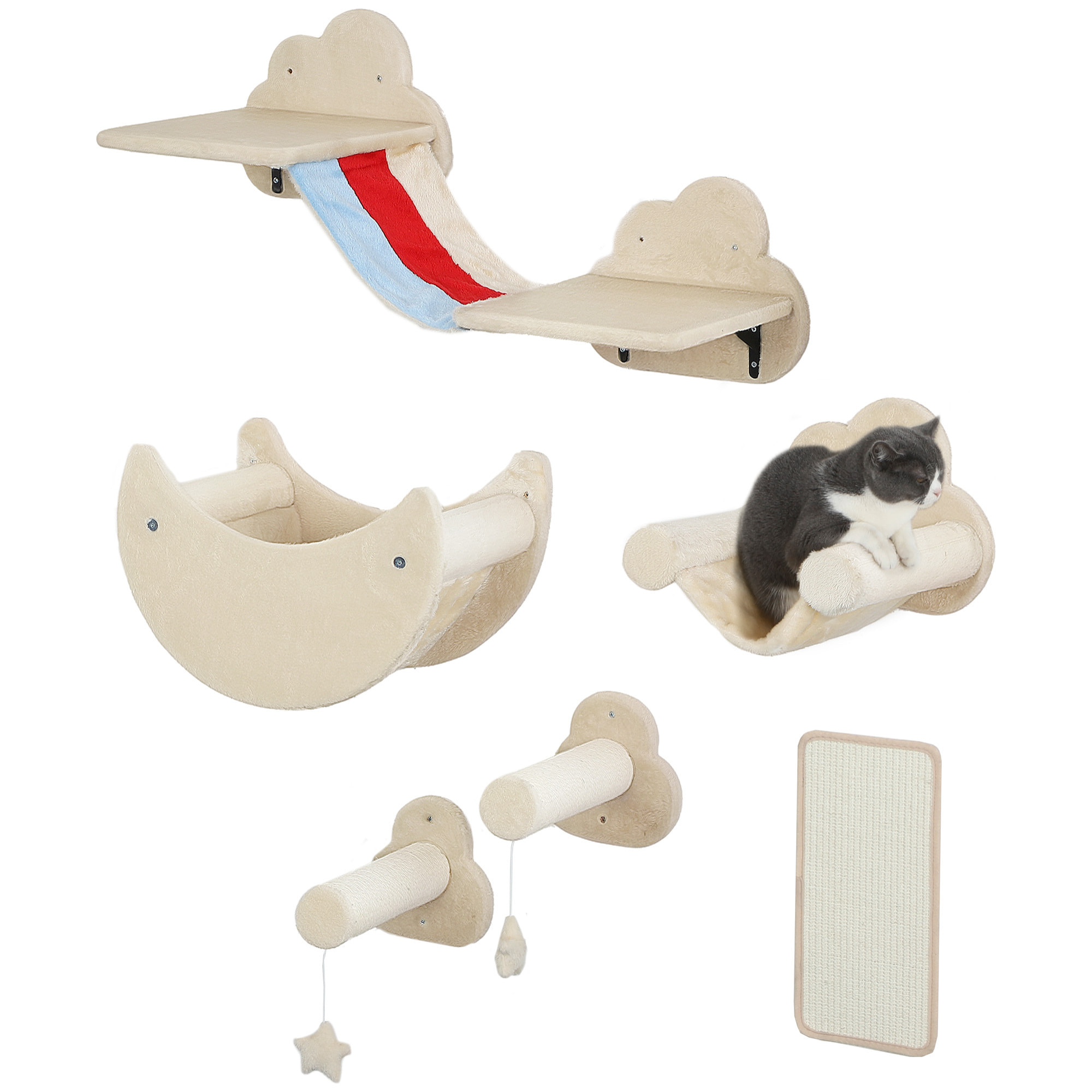Juego de Pared de Escalada para Gatos de 6 Piezas Tema Cielo Estanterías para Gatos con Hamacas Plataformas Escaleras Tabla Rascador Poste de Sisal Estrellas de Juguete Beige