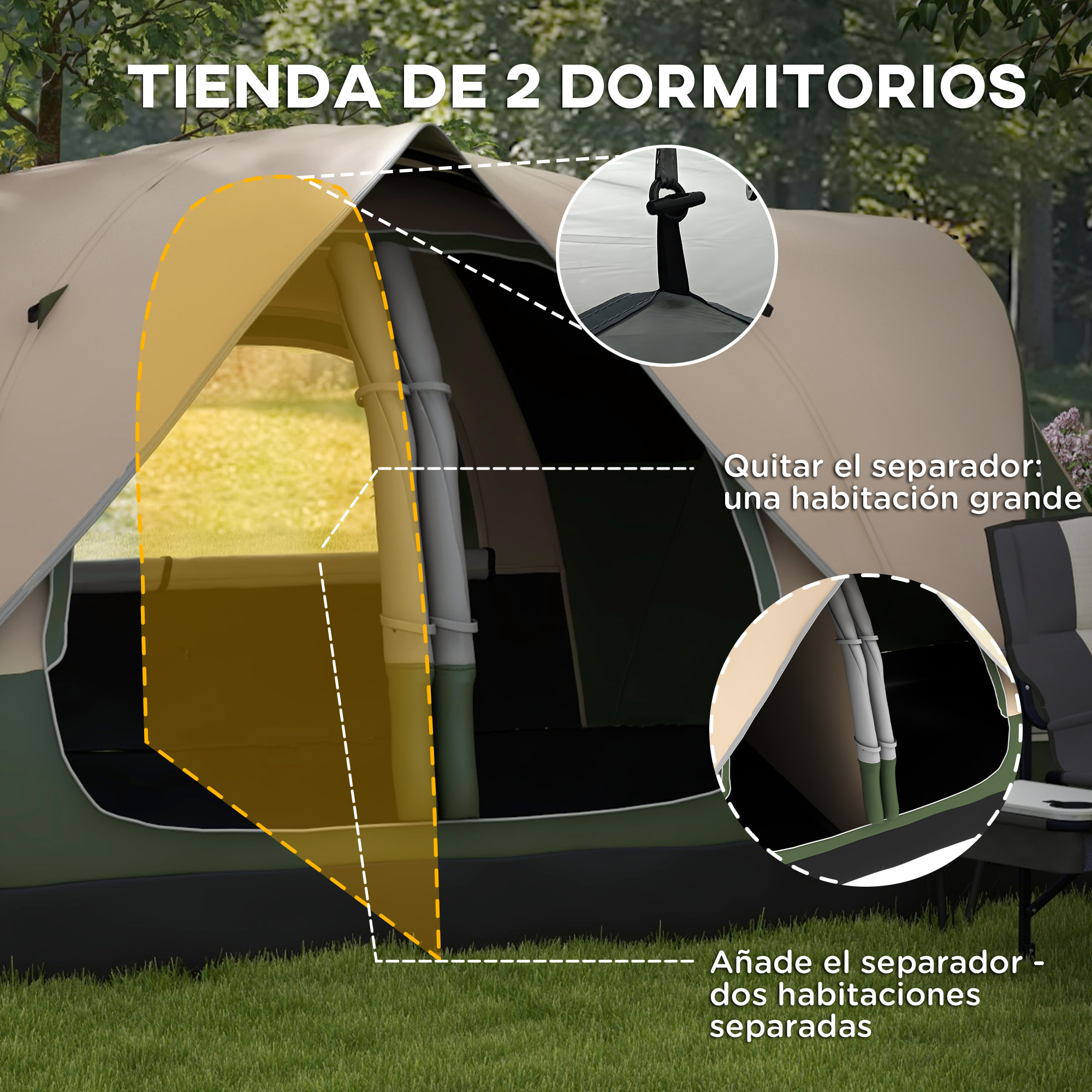 Tienda de Campaña Familiar para 6-8 Personas Tienda de Camping Plegable con 2 Habitaciones y Bolsa de Transporte Impermeable para Senderismo 450x215x180 cm Verde Oliva y Marrón Claro