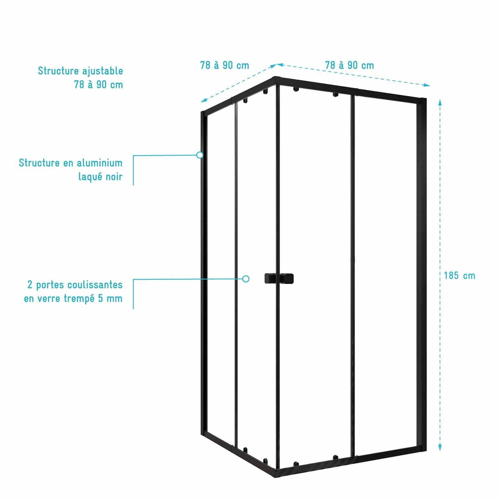 Ensemble portes de douche coulissantes extensibles Noir 80/90x185cm - BLACK SLIDE 80-90