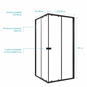 Ensemble portes de douche coulissantes extensibles Noir 80/90x185cm - BLACK SLIDE 80-90