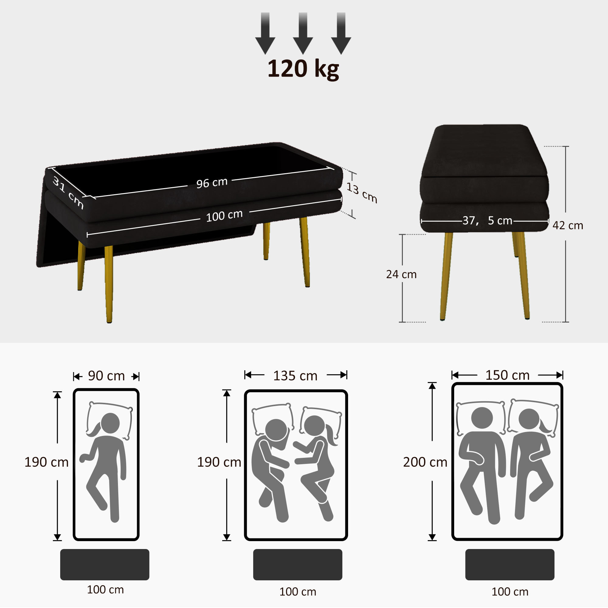 Puff Almacenaje 39L, Banco Almacenaje con Tapa Abatible y Patas de Acero, Tapizado en Terciopelo, Pie de Cama, para Dormitorio, Salón, Entrada, Carga 120 kg, 100x37,5x42 cm, Negro