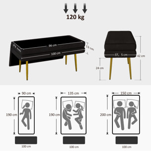 Puff Almacenaje 39L, Banco Almacenaje con Tapa Abatible y Patas de Acero, Tapizado en Terciopelo, Pie de Cama, para Dormitorio, Salón, Entrada, Carga 120 kg, 100x37,5x42 cm, Negro