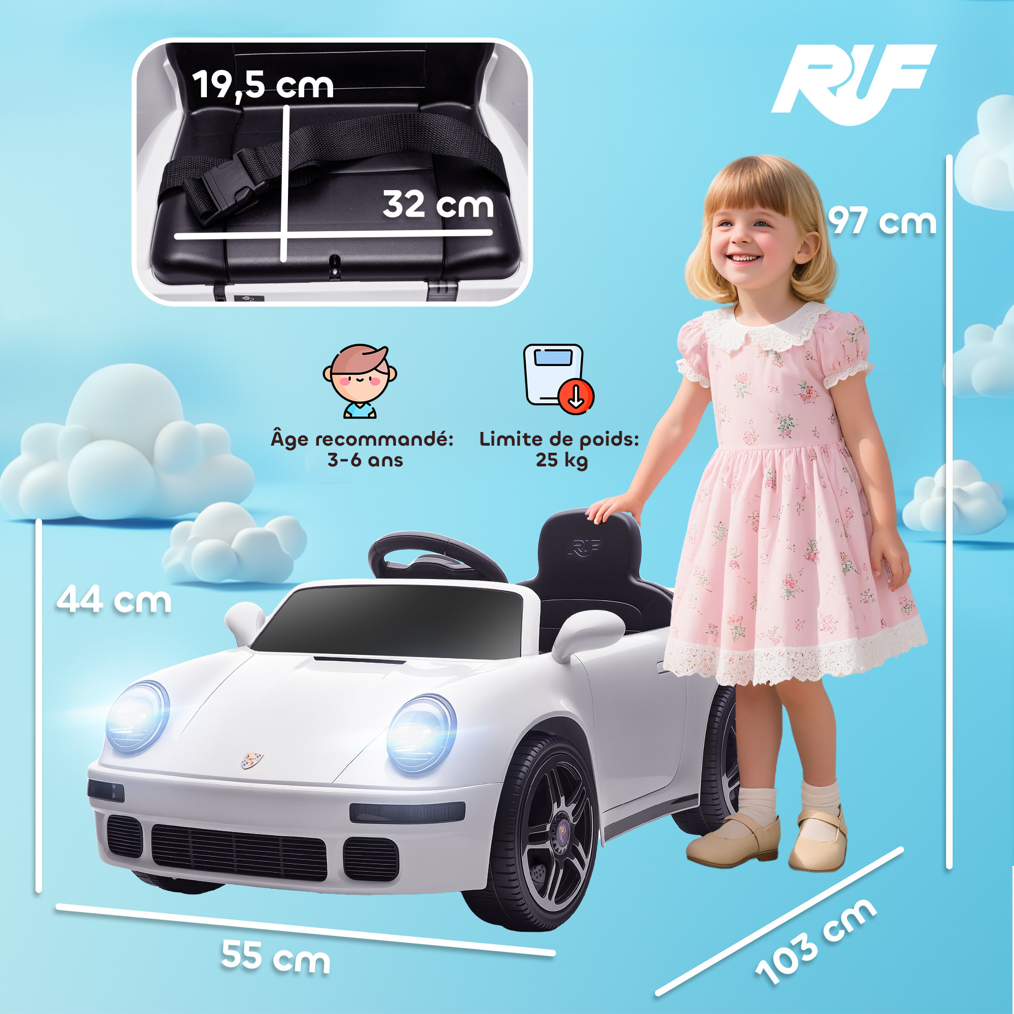 Voiture électrique enfant licence officielle RUF CTR 2017 12V 5Km/h max. télécommande nombreux effets blanc