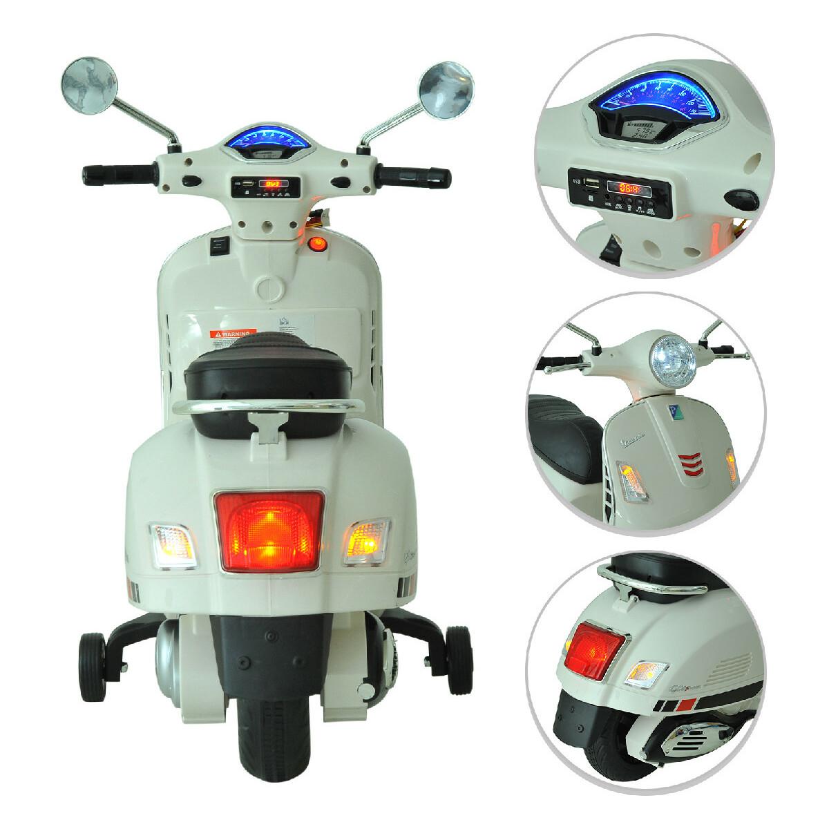 Scooter moto électrique enfants 6 V dim. 102L x 51l x 76H cm musique MP3 port USB klaxon phare feu AR blanc Vespa