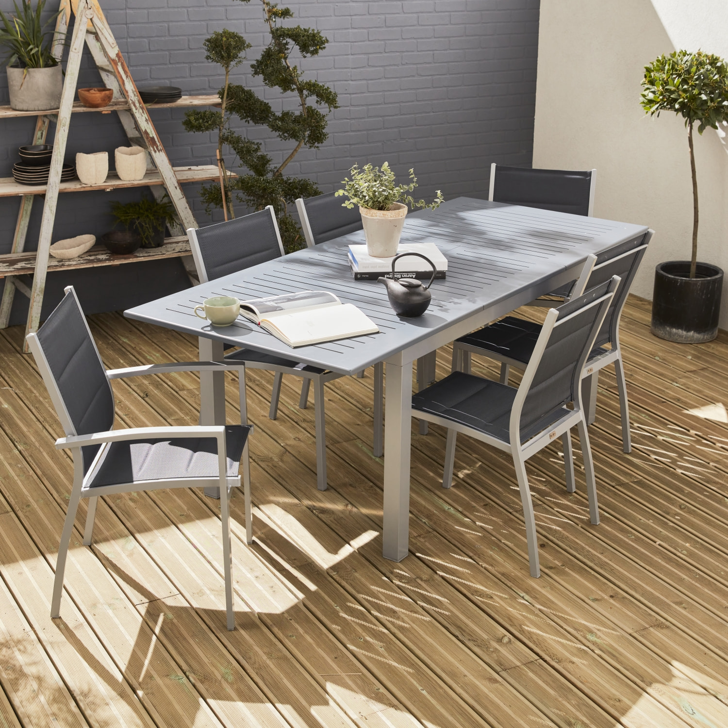 Table de jardin extensible aluminium + 6 assises - Chicago 210 Gris - Table en aluminium 150/210cm avec rallonge et 6 assises en textilène