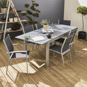 Table de jardin extensible aluminium + 6 assises - Chicago 210 Gris - Table en aluminium 150/210cm avec rallonge et 6 assises en textilène