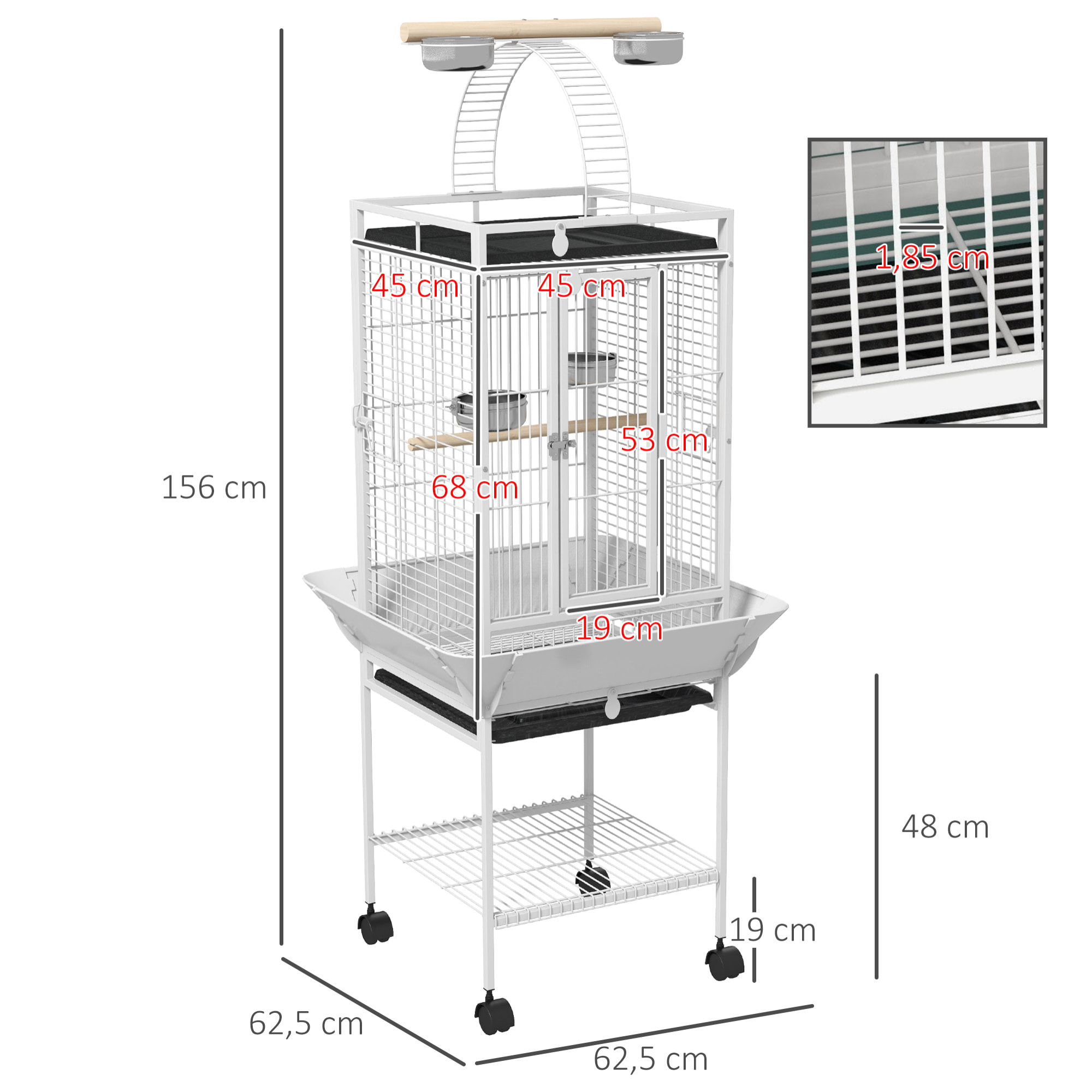 Jaula para Pájaros Jaula para Loros con Ruedas Perchas Comederos Estante Puente Arqueado y Bandejas Extraíbles Pajarera para Cacatúas Cotorras 62,5x62,5x156 cm Blanco