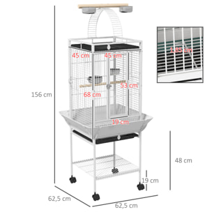 Jaula para Pájaros Jaula para Loros con Ruedas Perchas Comederos Estante Puente Arqueado y Bandejas Extraíbles Pajarera para Cacatúas Cotorras 62,5x62,5x156 cm Blanco