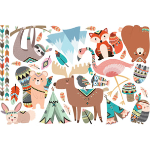 Stickers muraux enfants - Décoration chambre bébé - Autocollant Sticker mural géant enfant montagnes scandinaves ANIMAUX DES MONTAGNES ET PLUMES INDIENNES