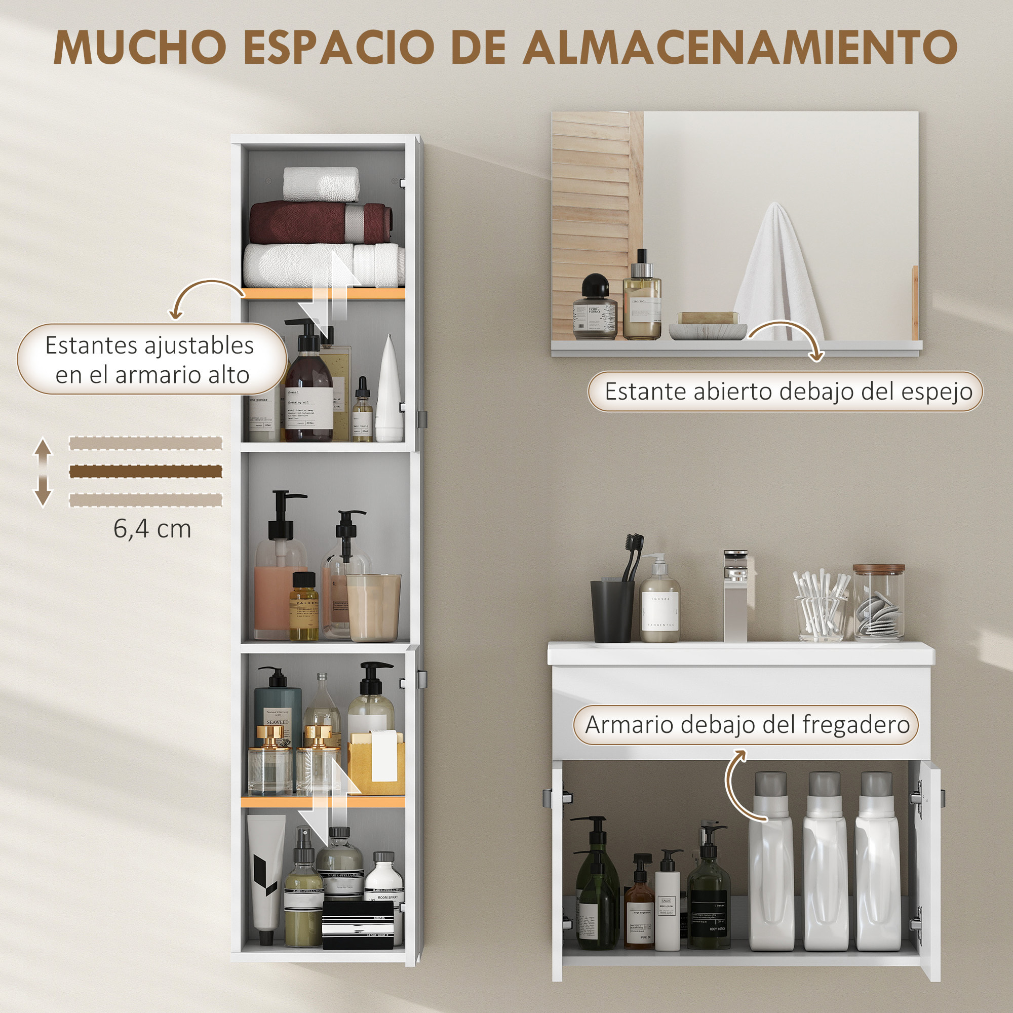 Conjunto de Muebles de Baño de Pared de 4 Piezas con Lavabo Cerámico, Espejo con Estante, Mueble Bajo Lavabo y Columna de Baño, Estilo Moderno, Blanco