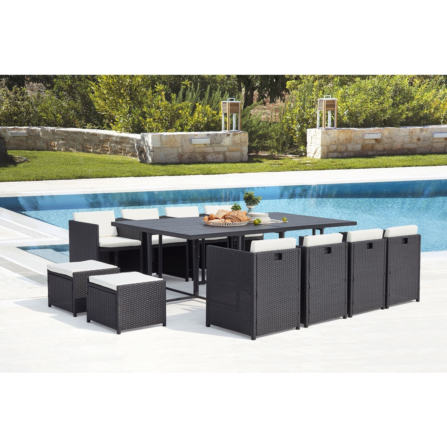 Table et chaise 12 places encastrables alu résine noir/blanc ABASA